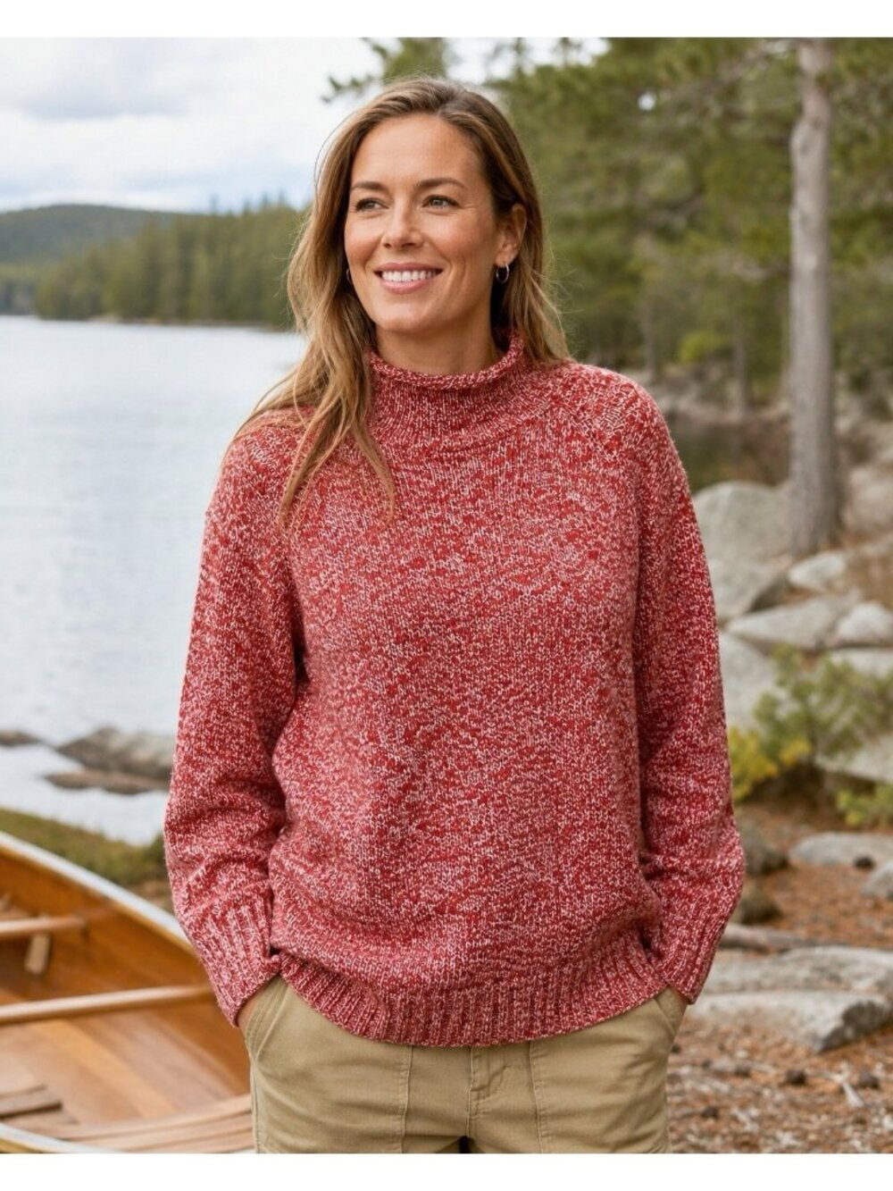 LL Bean Womens Sweater XL Red White Ragg Cotton Marled Knit Funnel Neck Preppy